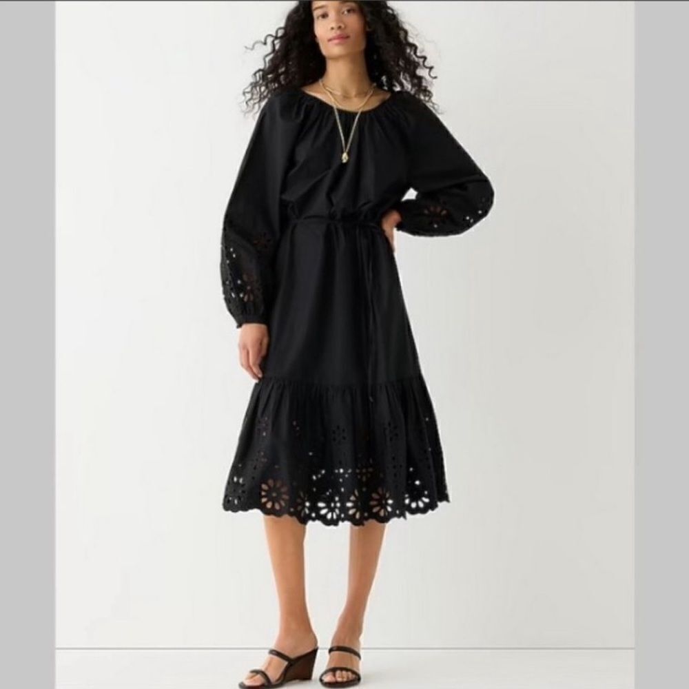J crew black long sleeve dress with embroidered strip at the hem size medium